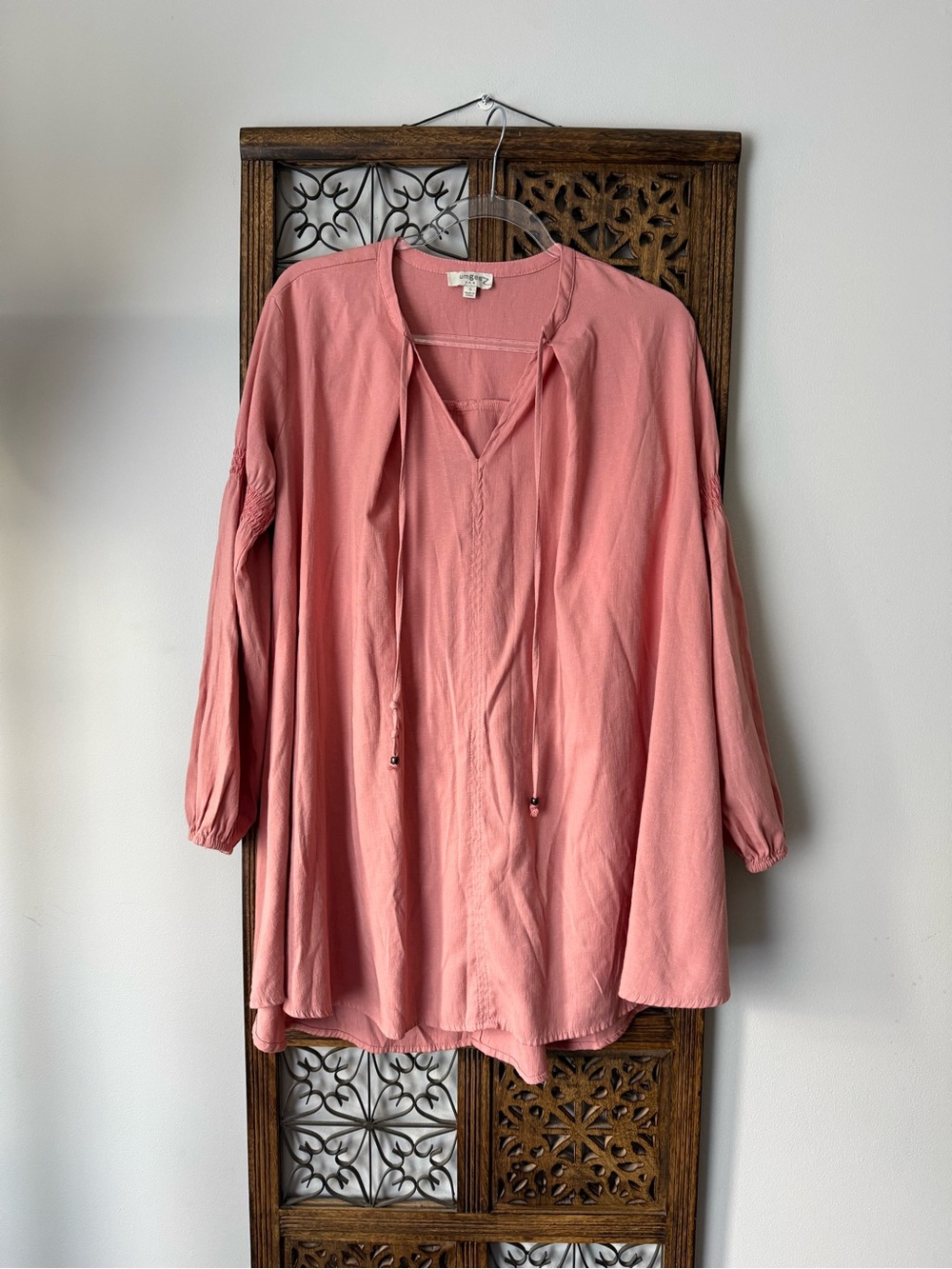 Umgee Light Pink Women’s V-Neck Peasant Mini Dress